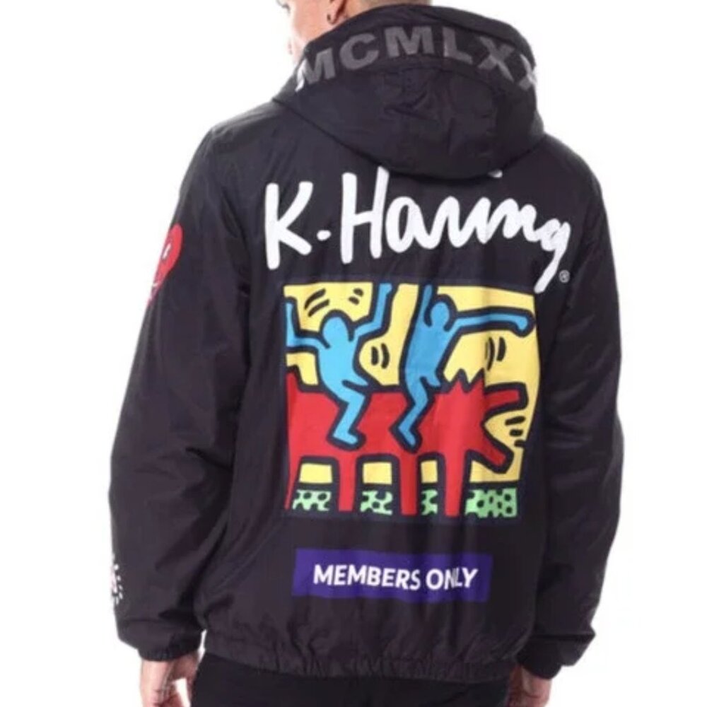 Members Only x Keith Haring Hooded Jacket Black Graphic Poly Filled Streetwear M